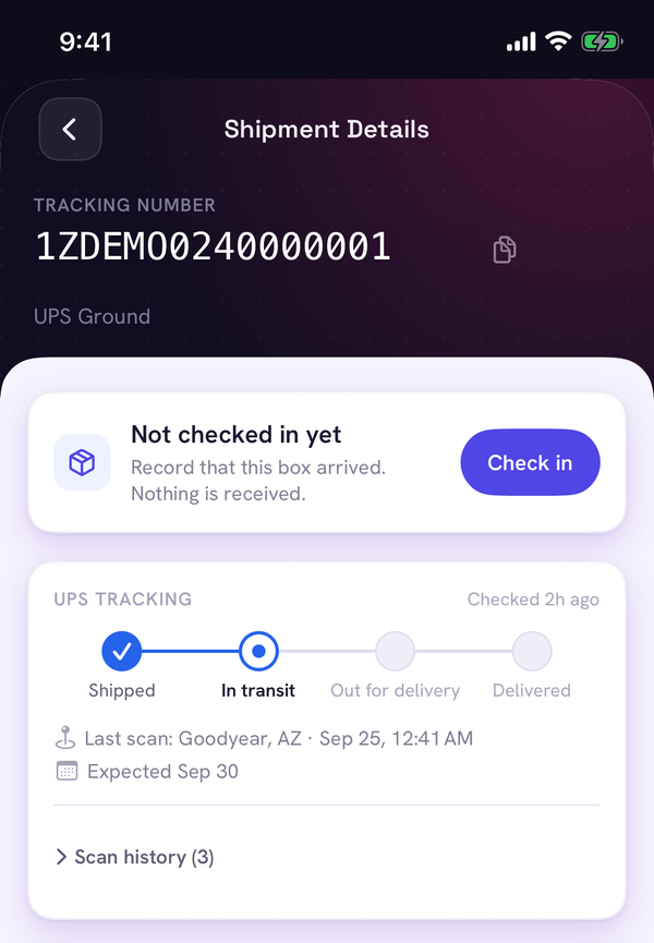 Sellerfy iOS shipment detail with a Check in button and UPS tracking progress from Shipped to In transit, the last scan location and the expected delivery date
