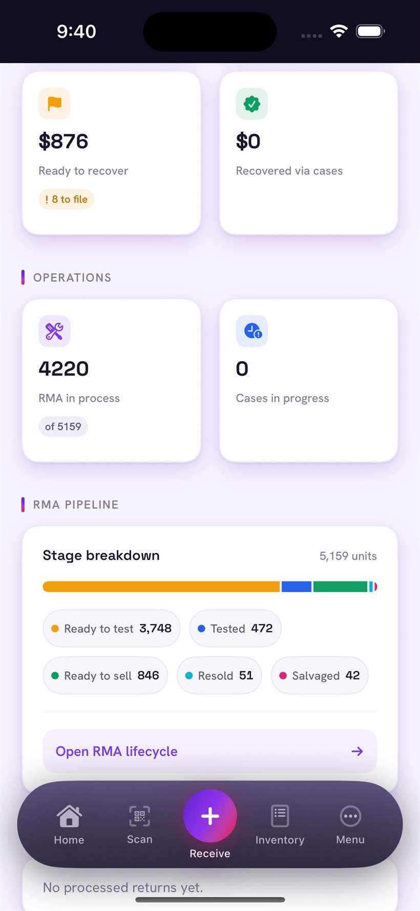 Sellerfy iOS home: ready to recover, RMA in process and the stage breakdown, with Scan and Receive in the tab bar