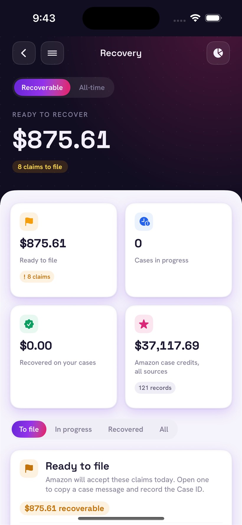Sellerfy iOS Recovery: $875.61 ready to recover and 8 claims to file