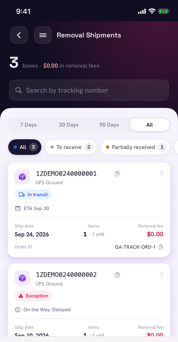 Sellerfy iOS Removal Shipments list showing UPS boxes with In transit and Exception status, filters for To receive and Partially received, and Check in and Unbox buttons